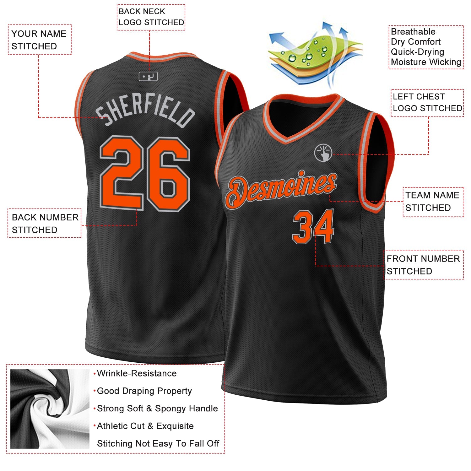 Custom Black Orange-Gray Authentic Throwback Basketball Jersey view 3