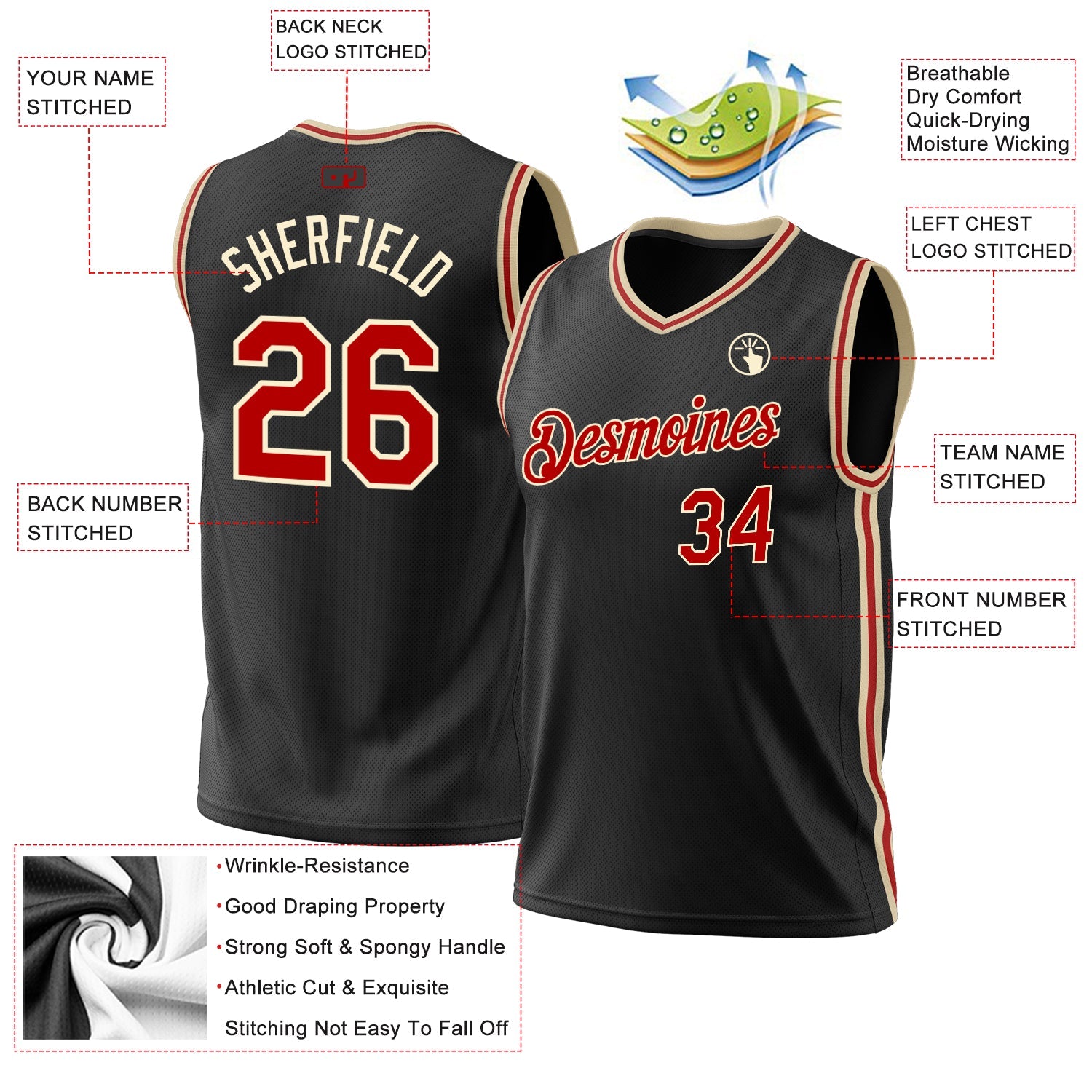 Custom Black Red-Cream Authentic Throwback Basketball Jersey view 3