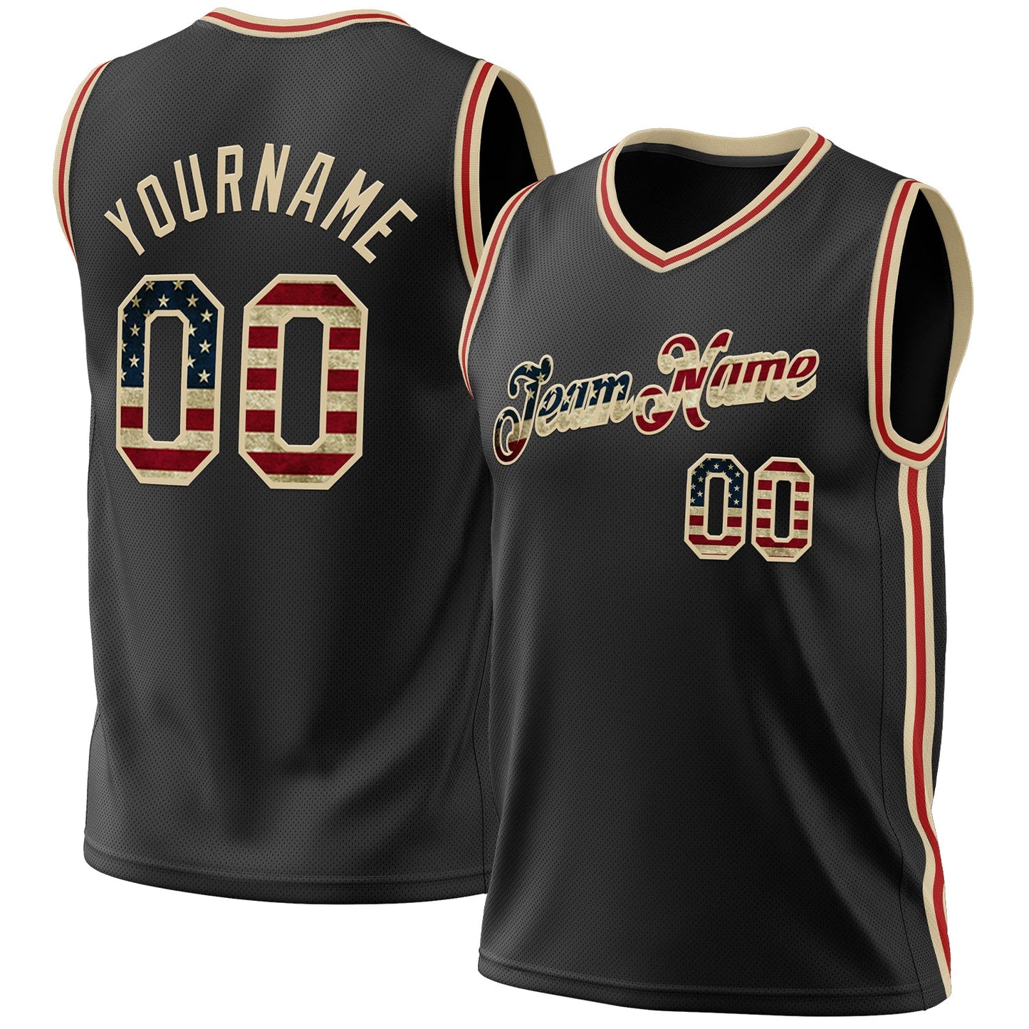 Custom Black Vintage USA Flag Cream-Red Authentic Throwback Basketball Jersey - Main View