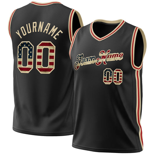 Custom Black Vintage USA Flag Cream-Red Authentic Throwback Basketball Jersey - Main View