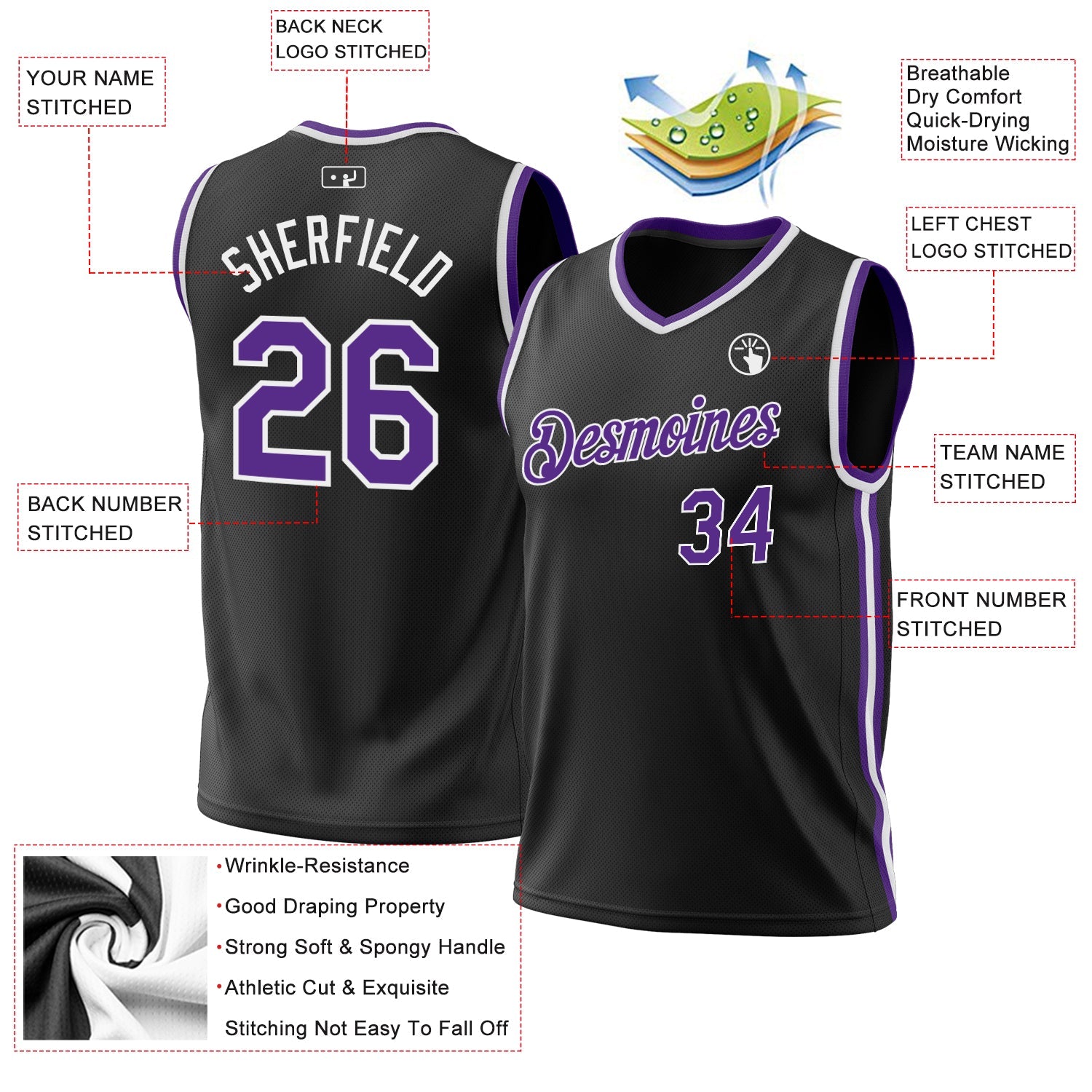 Custom Black Purple-White Authentic Throwback Basketball Jersey view 3