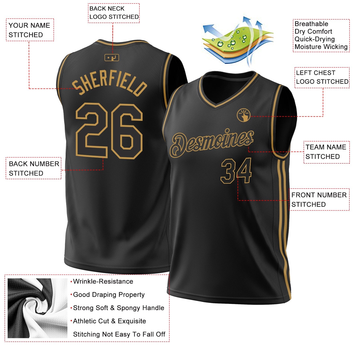 Custom Black Old Gold Authentic Throwback Basketball Jersey view 3
