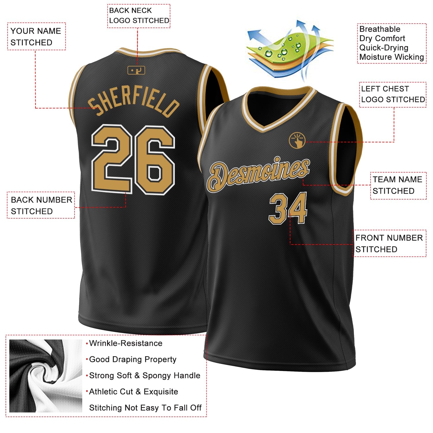 Custom Black Old Gold-White Authentic Throwback Basketball Jersey view 3