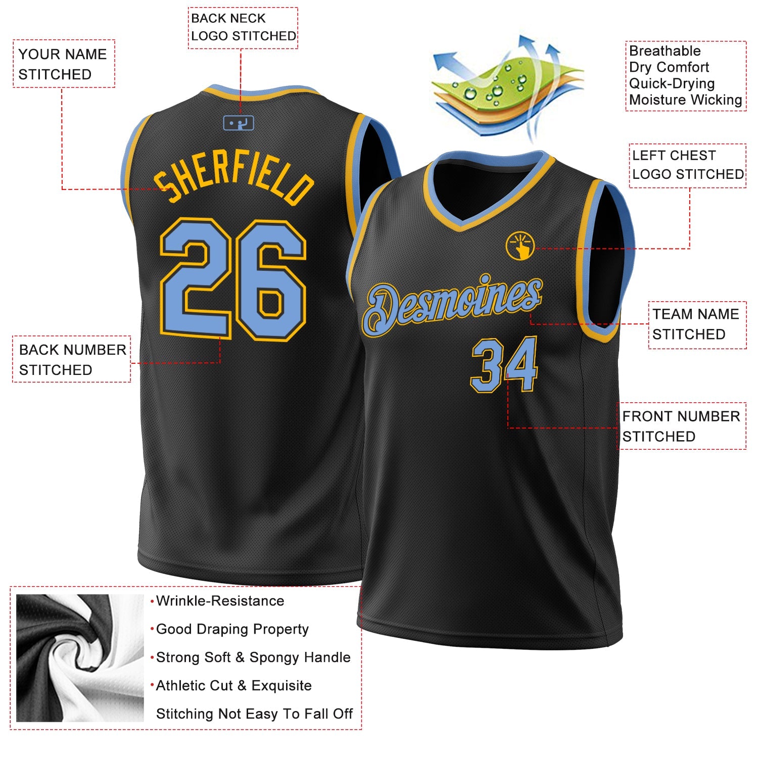 Custom Black Light Blue-Gold Authentic Throwback Basketball Jersey view 3