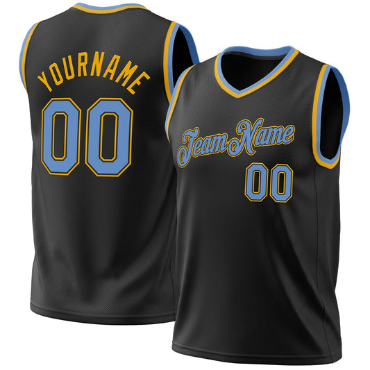 Custom Black Light Blue-Gold Authentic Throwback Basketball Jersey - Main View
