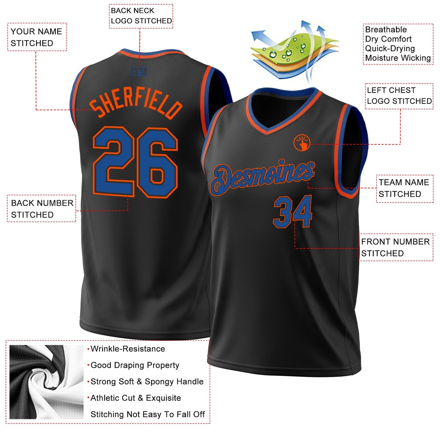 Custom Black Blue-Orange Authentic Throwback Basketball Jersey view 3