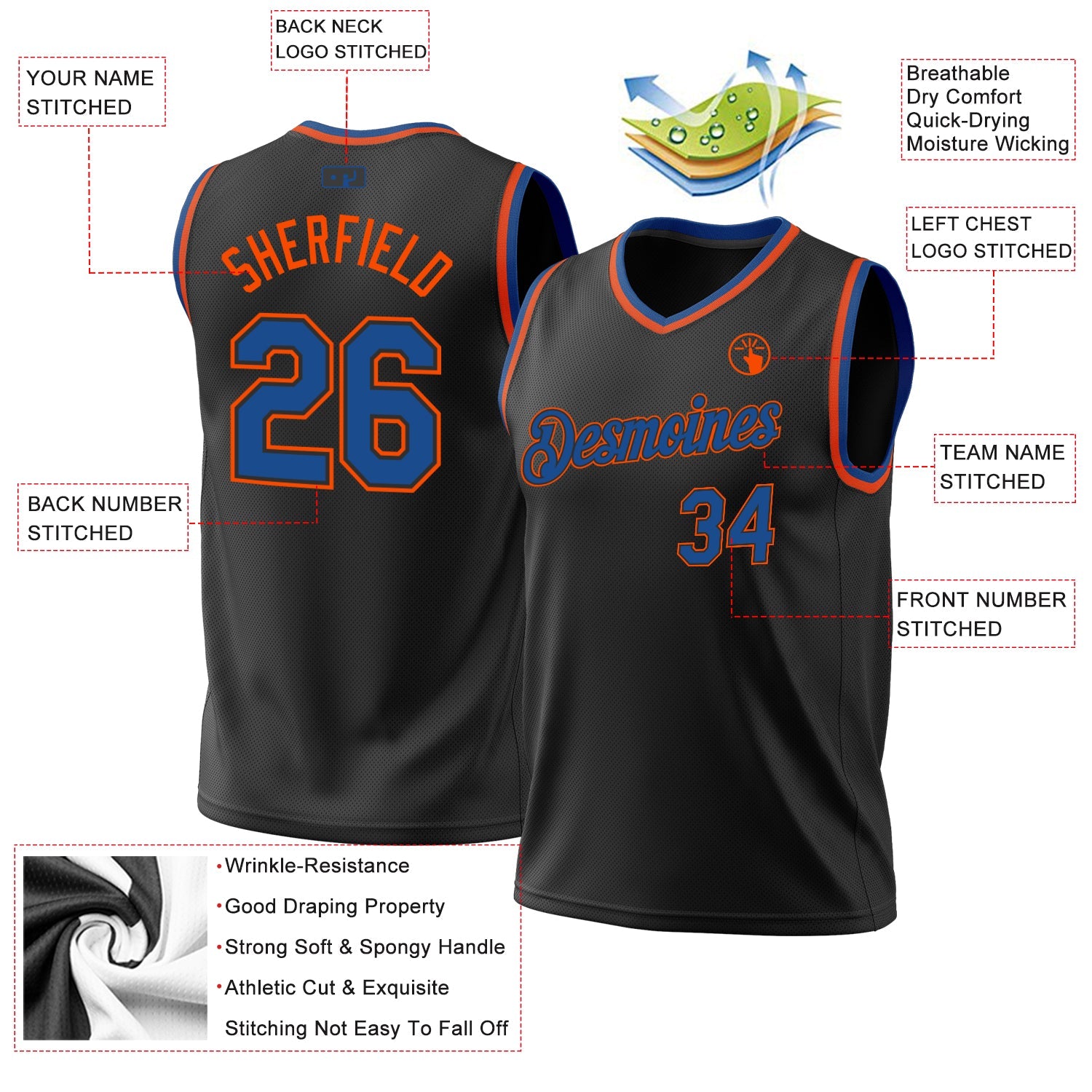 Custom Black Blue-Orange Authentic Throwback Basketball Jersey view 3