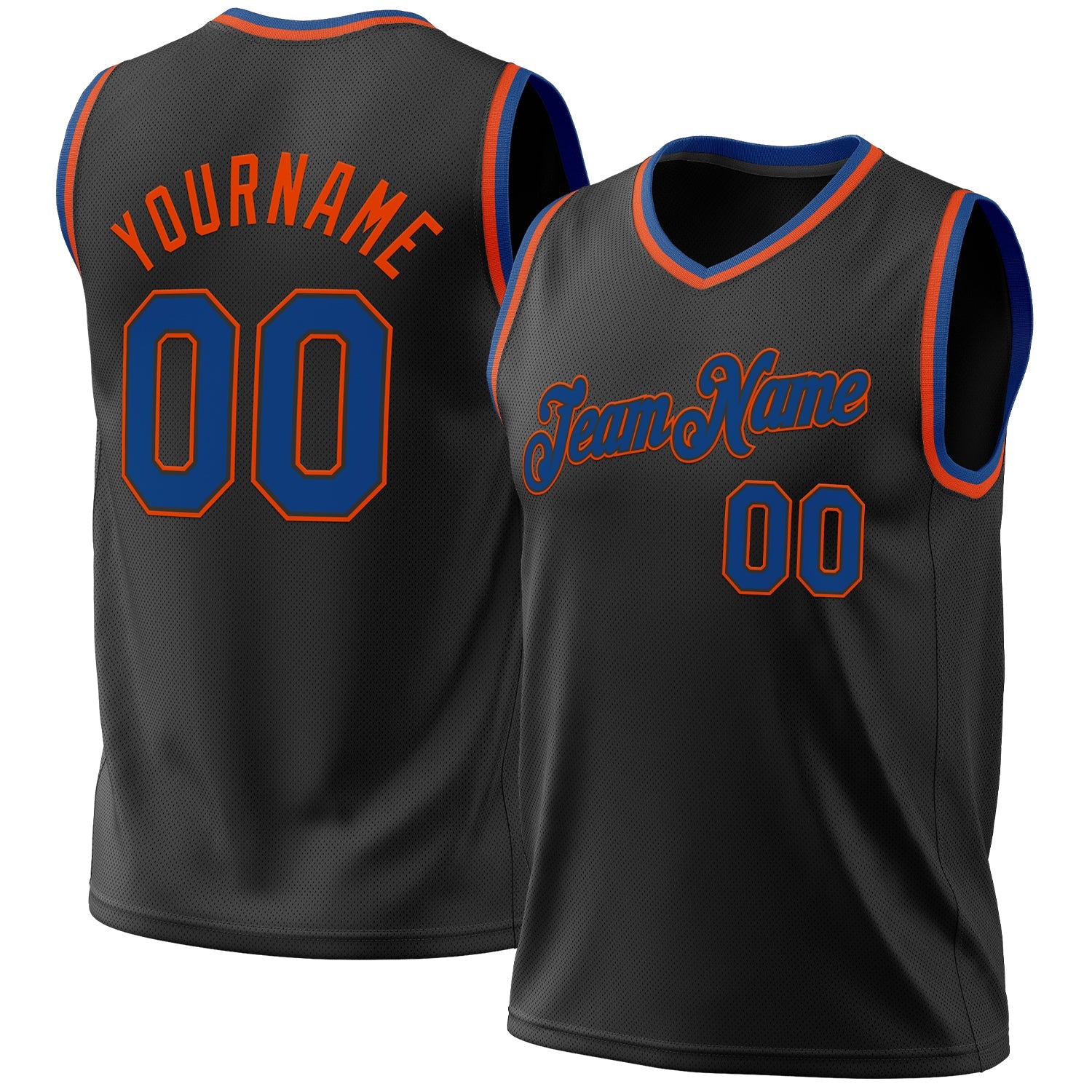 Custom Black Blue-Orange Authentic Throwback Basketball Jersey - Main View