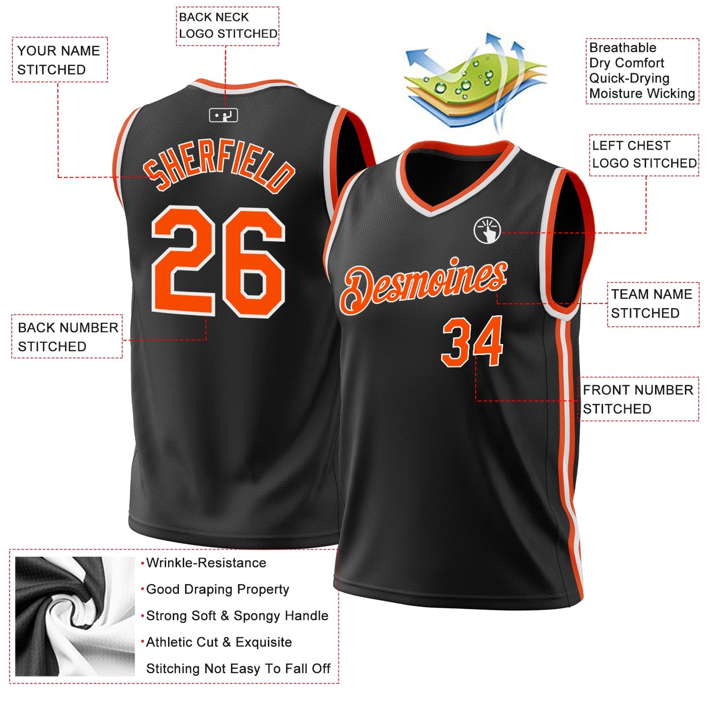Custom Black Orange-White Authentic Throwback Basketball Jersey view 3