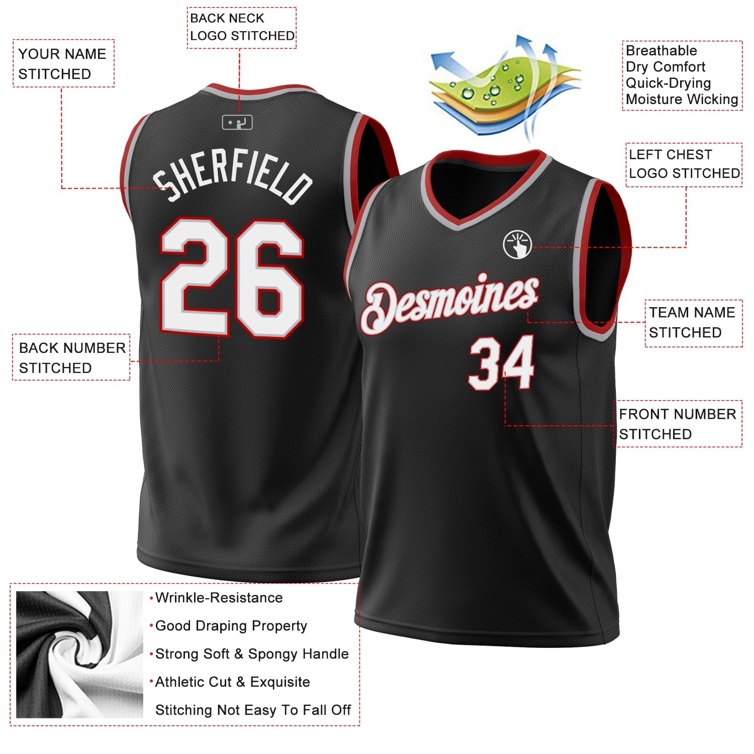 Custom Black Gray-Red Authentic Throwback Basketball Jersey view 3