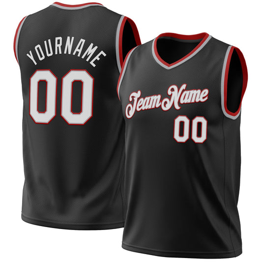 Custom Black Gray-Red Authentic Throwback Basketball Jersey - Main View