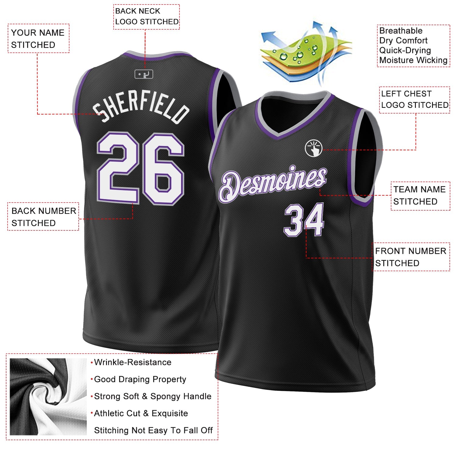 Custom Black Purple-Gray Authentic Throwback Basketball Jersey view 3