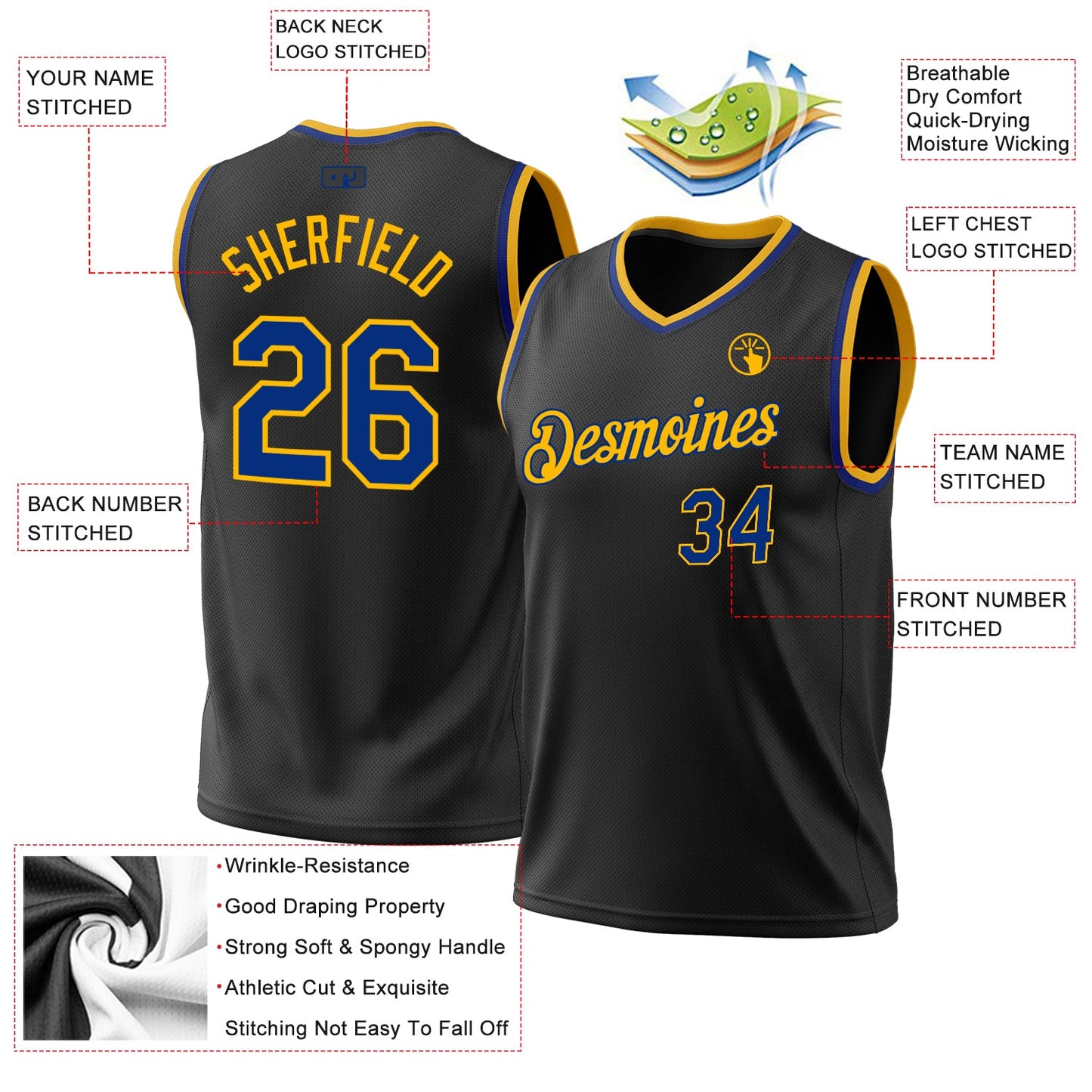 Custom Black Royal-Gold Authentic Throwback Basketball Jersey view 3