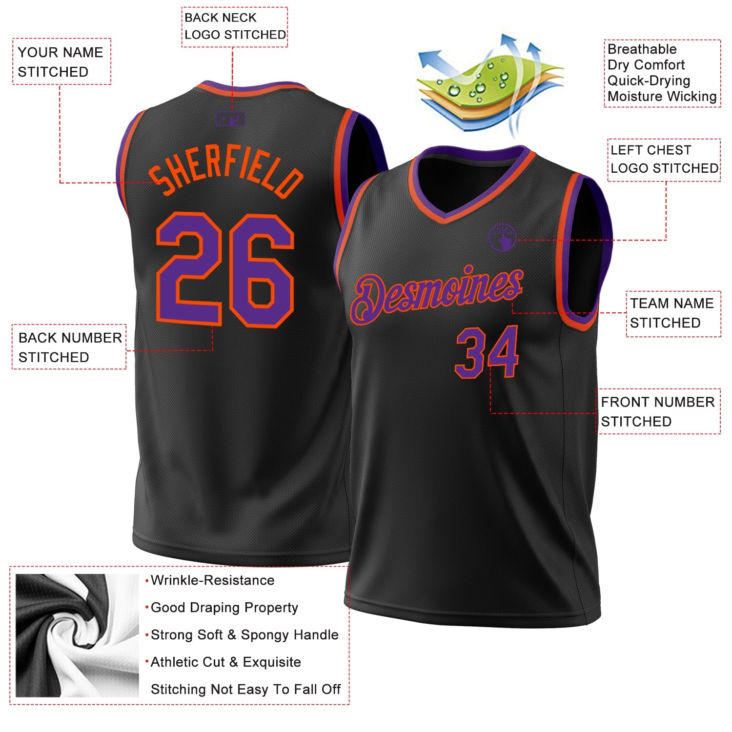 Custom Black Purple-Orange Authentic Throwback Basketball Jersey view 3