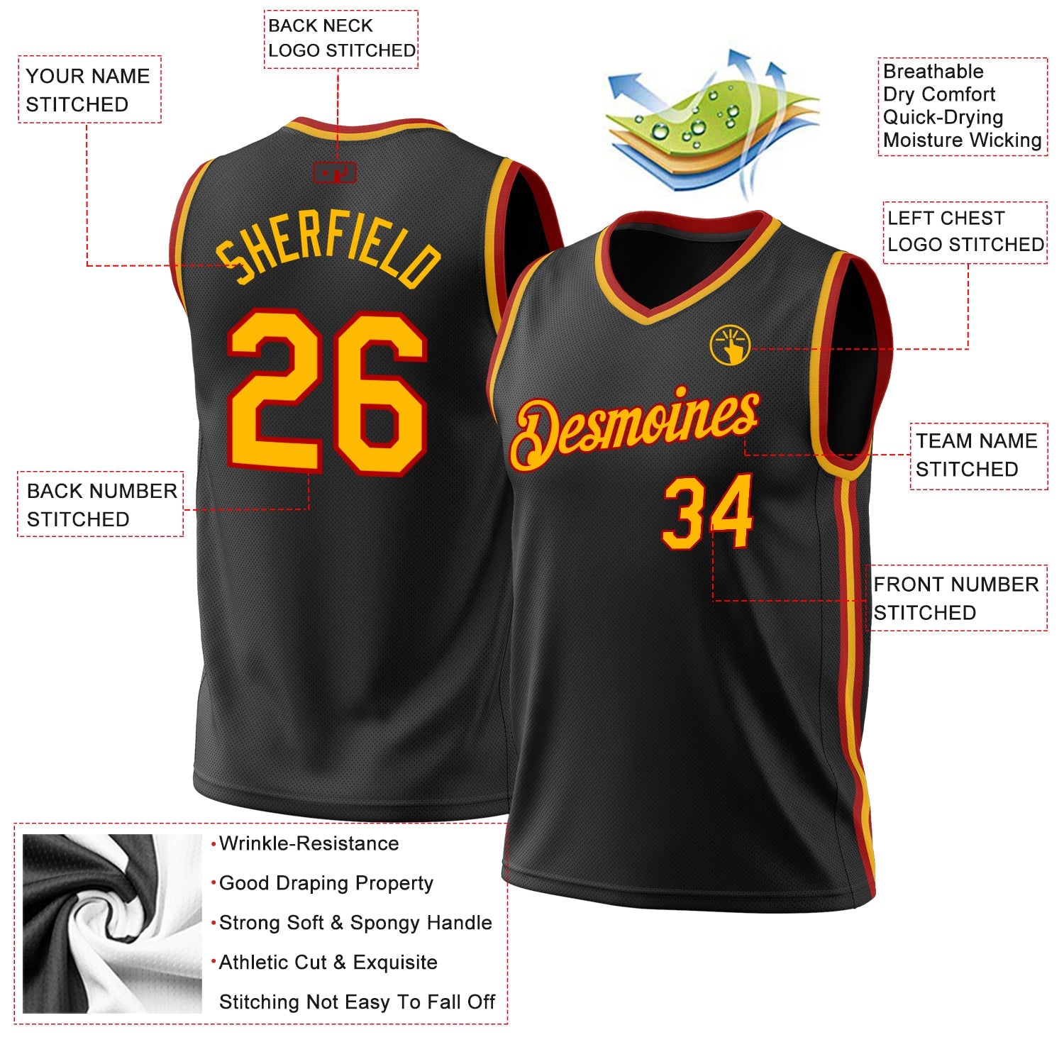 Custom Black Gold-Red Authentic Throwback Basketball Jersey view 3