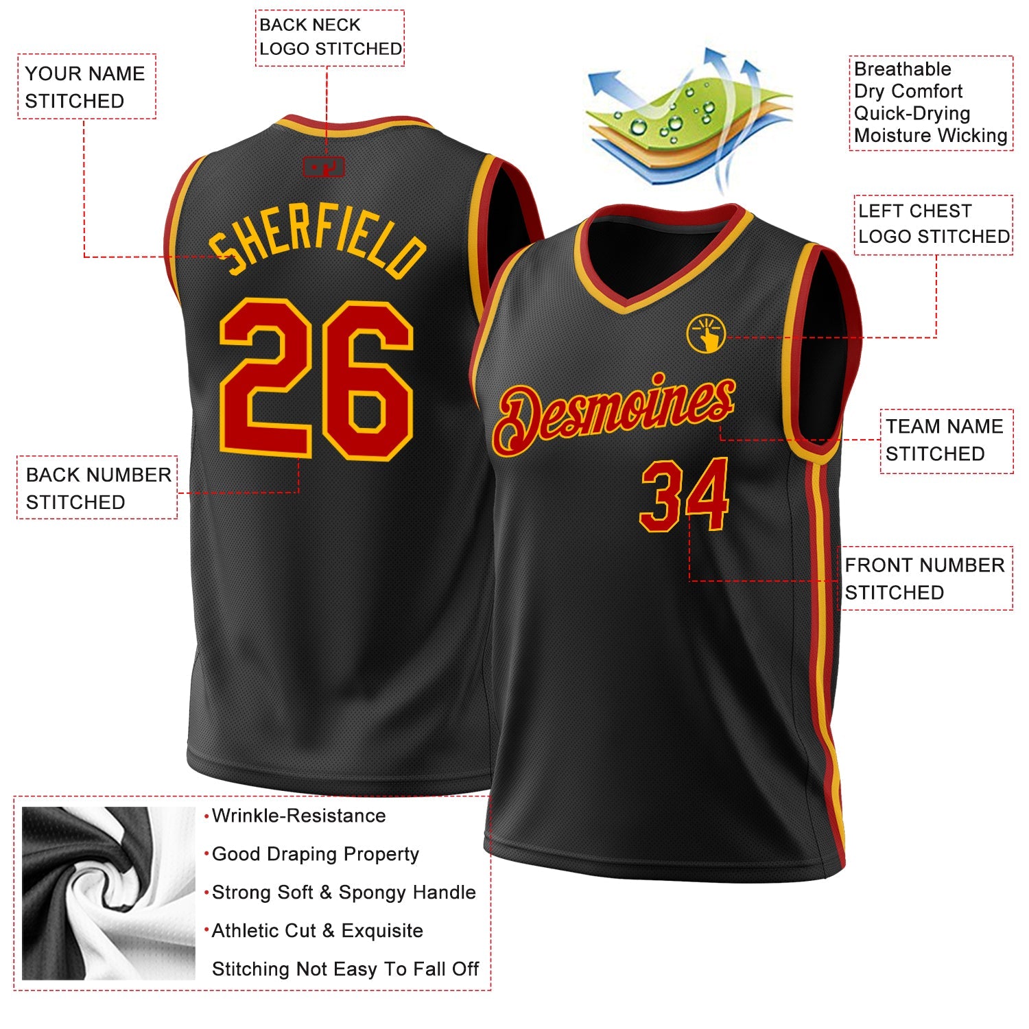 Custom Black Red-Gold Authentic Throwback Basketball Jersey view 3