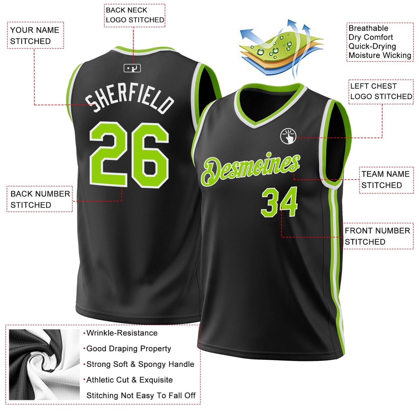 Custom Black Neon Green-White Authentic Throwback Basketball Jersey view 3