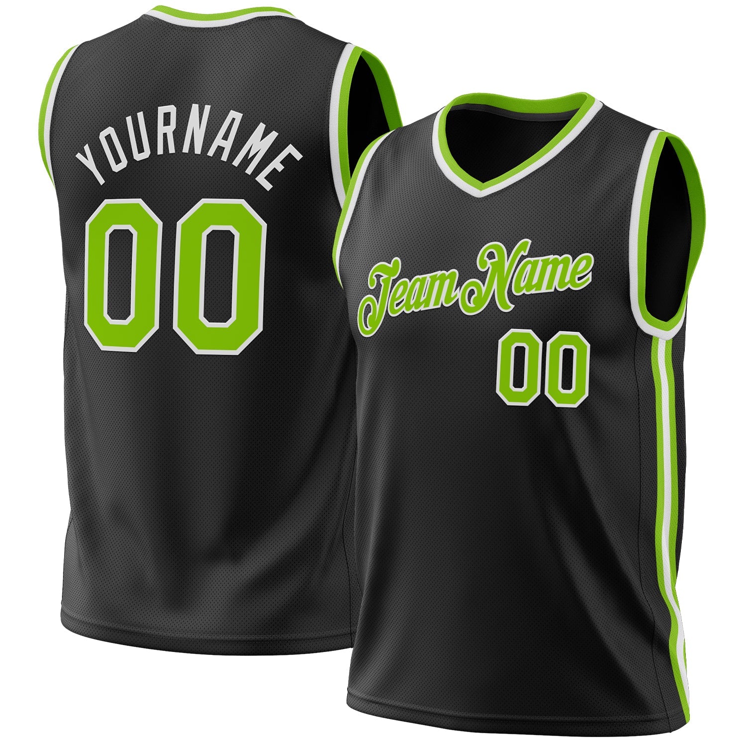 Custom Black Neon Green-White Authentic Throwback Basketball Jersey - Main View
