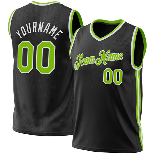 Custom Black Neon Green-White Authentic Throwback Basketball Jersey - Main View