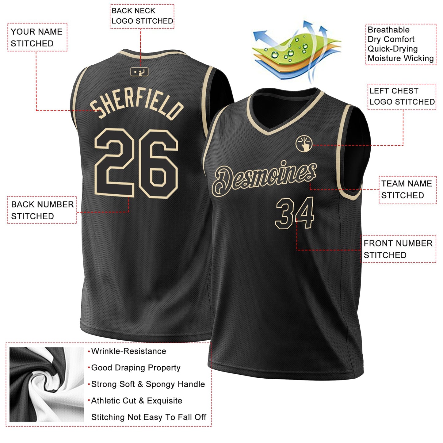 Custom Black Cream Authentic Throwback Basketball Jersey view 3