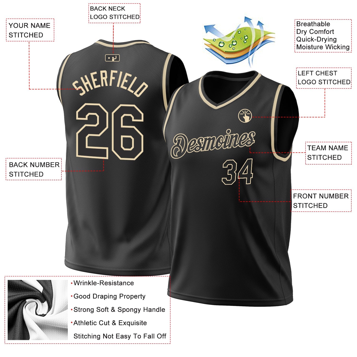 Custom Black Cream Authentic Throwback Basketball Jersey view 3