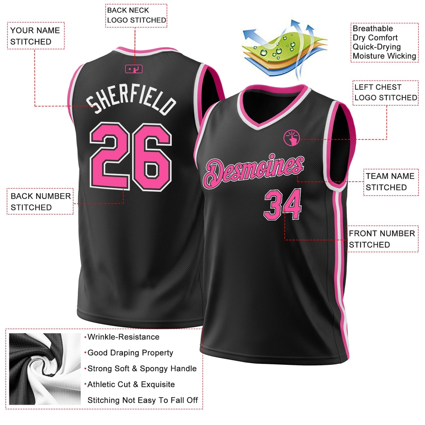 Custom Black Pink-White Authentic Throwback Basketball Jersey view 3