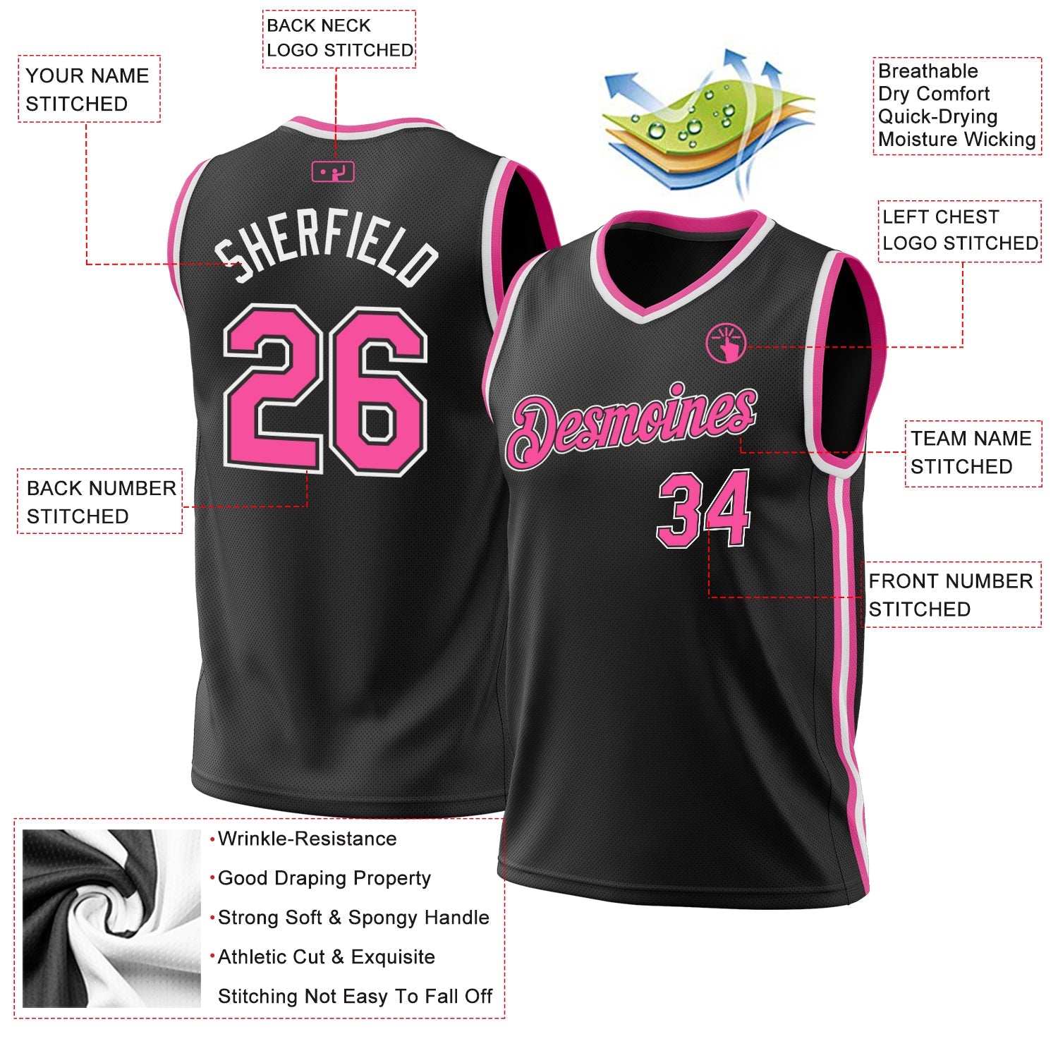Custom Black Pink-White Authentic Throwback Basketball Jersey view 3