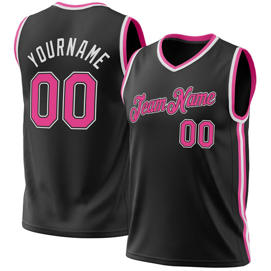Custom Black Pink-White Authentic Throwback Basketball Jersey - Main View