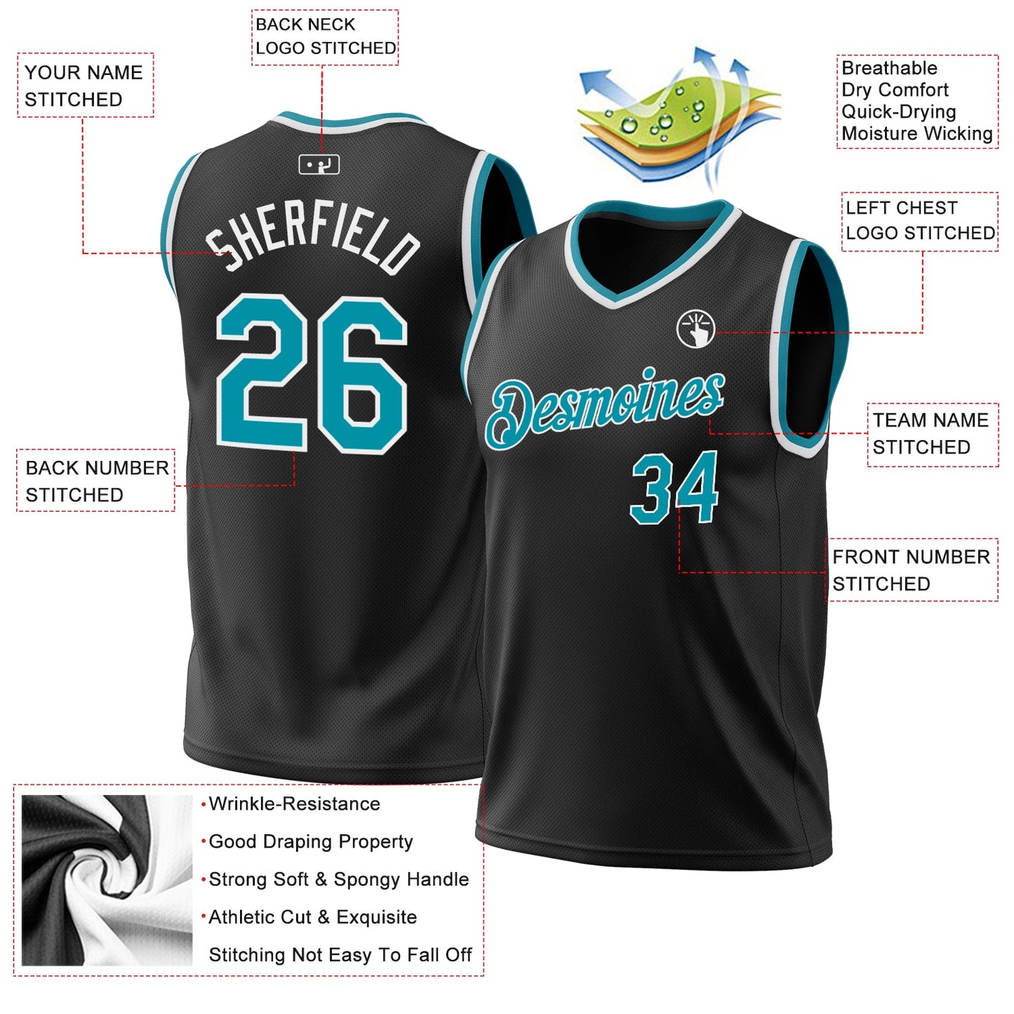 Custom Black Teal-White Authentic Throwback Basketball Jersey view 3