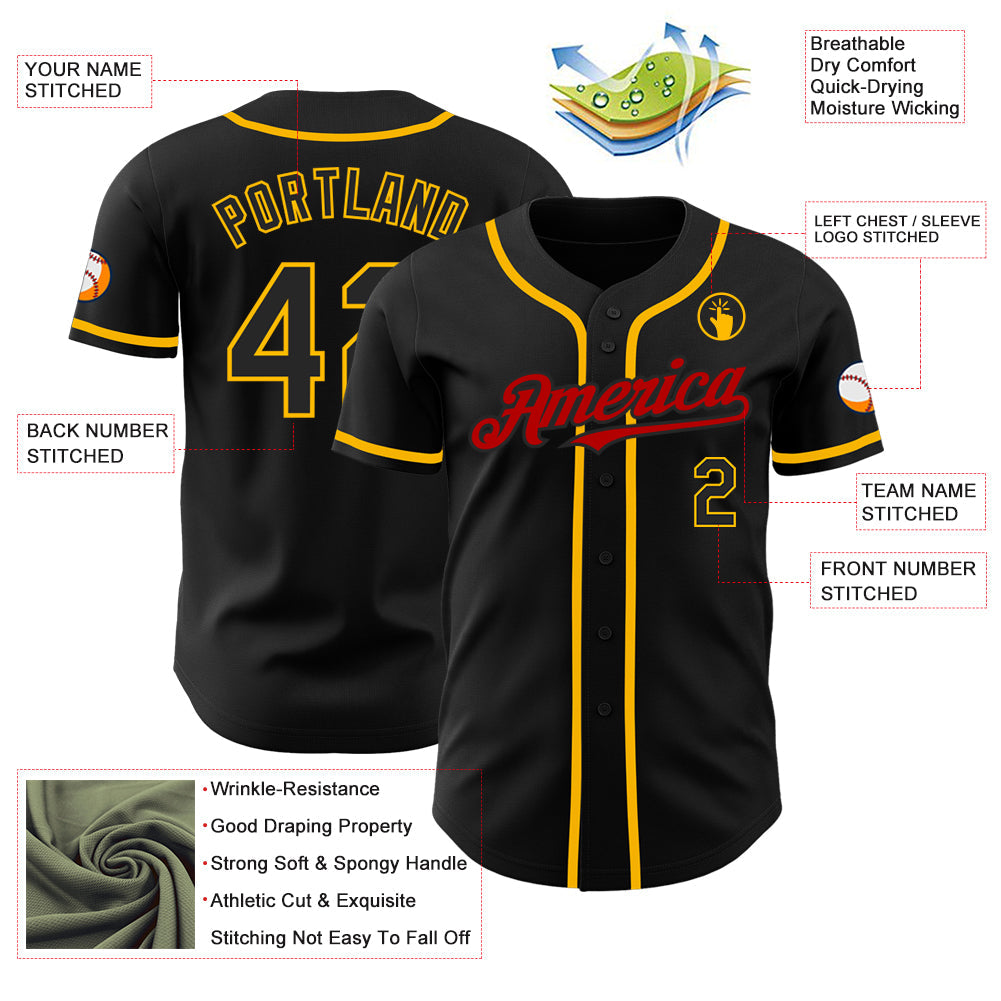 Custom Black Gold-Red Authentic Baseball Jersey view 3