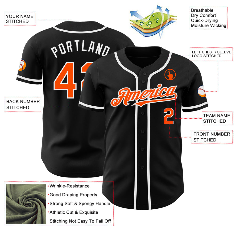 Custom Black Orange-White Authentic Baseball Jersey view 3