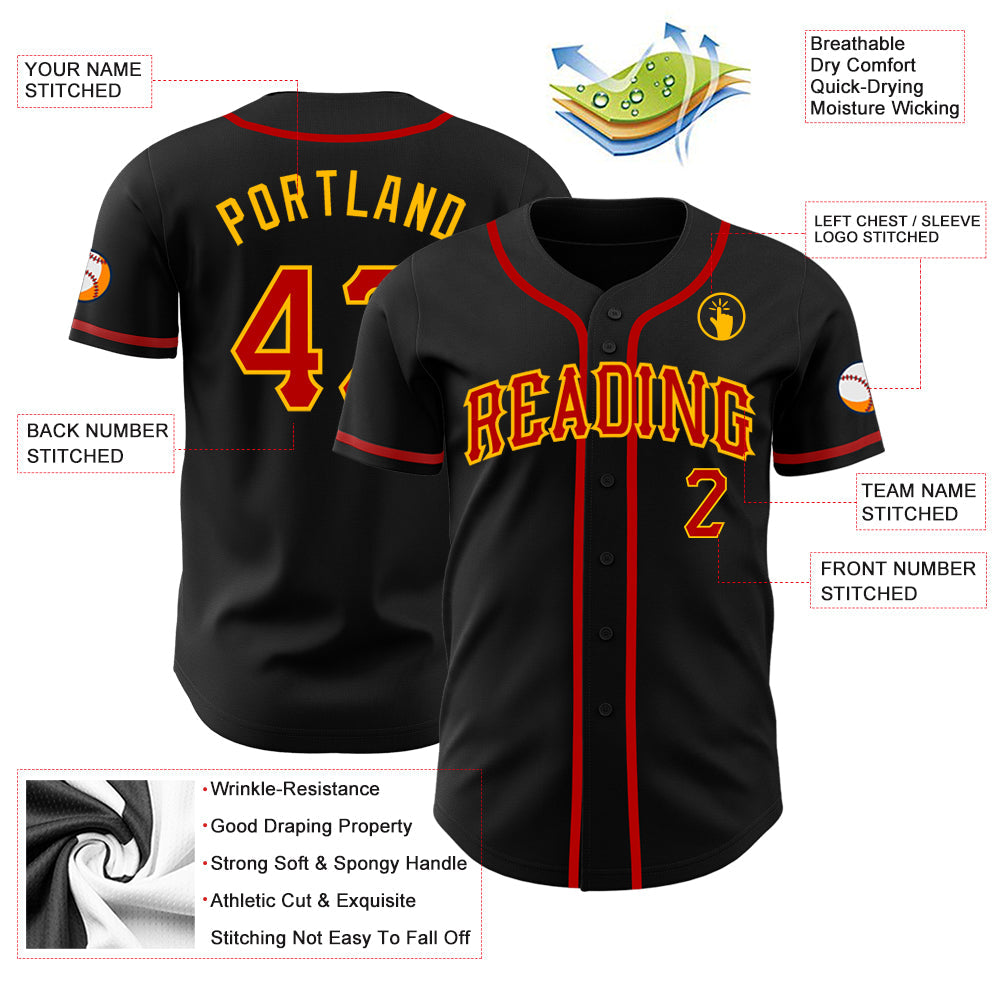 Custom Black Red-Gold Authentic Baseball Jersey view 3