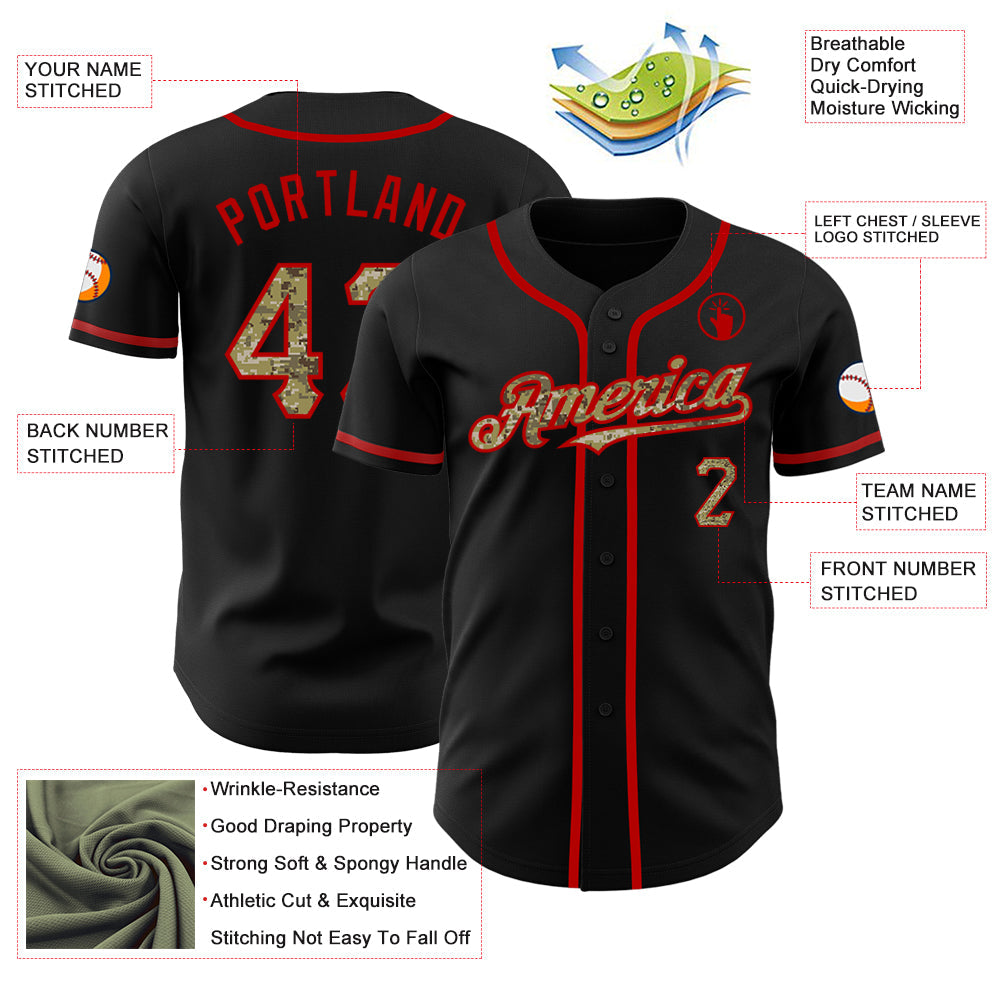 Custom Black Camo-Red Authentic Baseball Jersey view 3