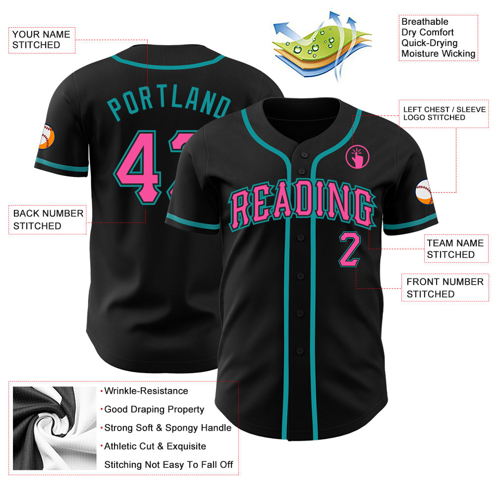 Custom Black Pink-Teal Authentic Baseball Jersey view 3