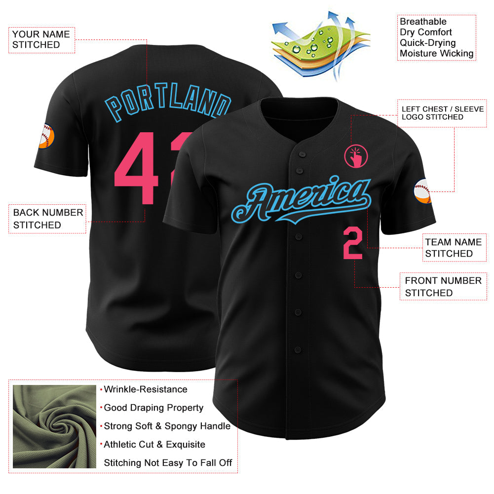 Custom Black Neon Pink-Sky Blue Authentic Baseball Jersey view 3