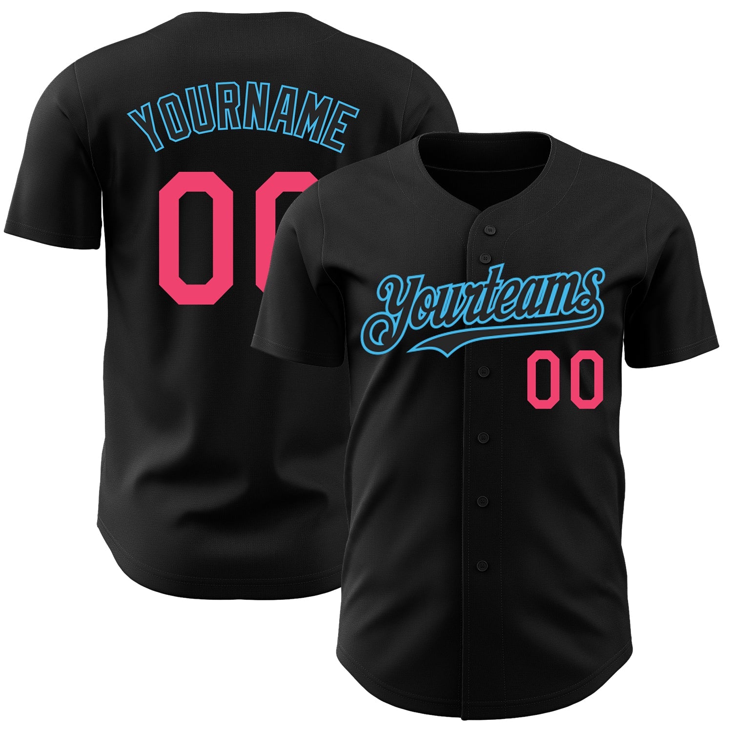 Custom Black Neon Pink-Sky Blue Authentic Baseball Jersey - Main View