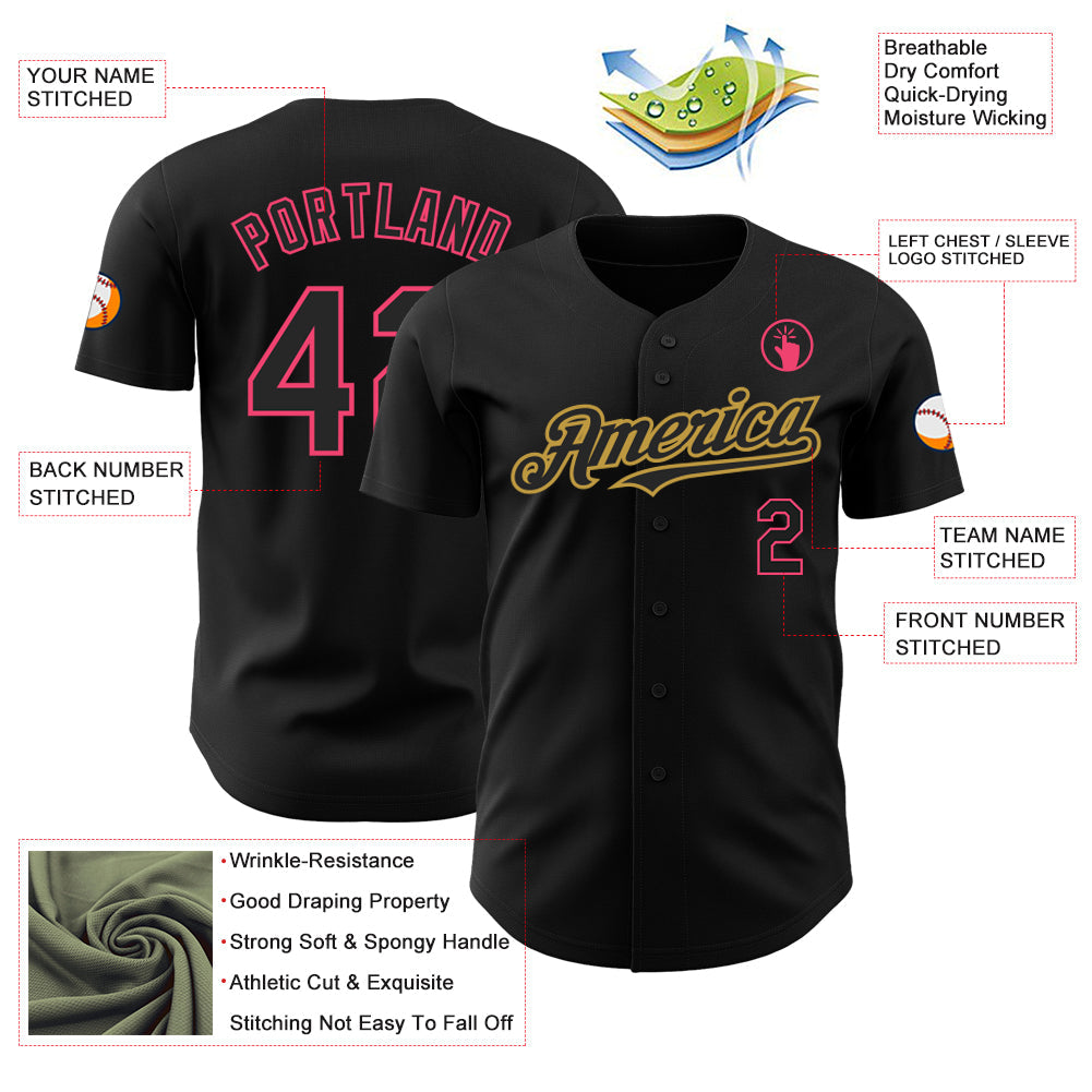 Custom Black Neon Pink-Old Gold Authentic Baseball Jersey view 3