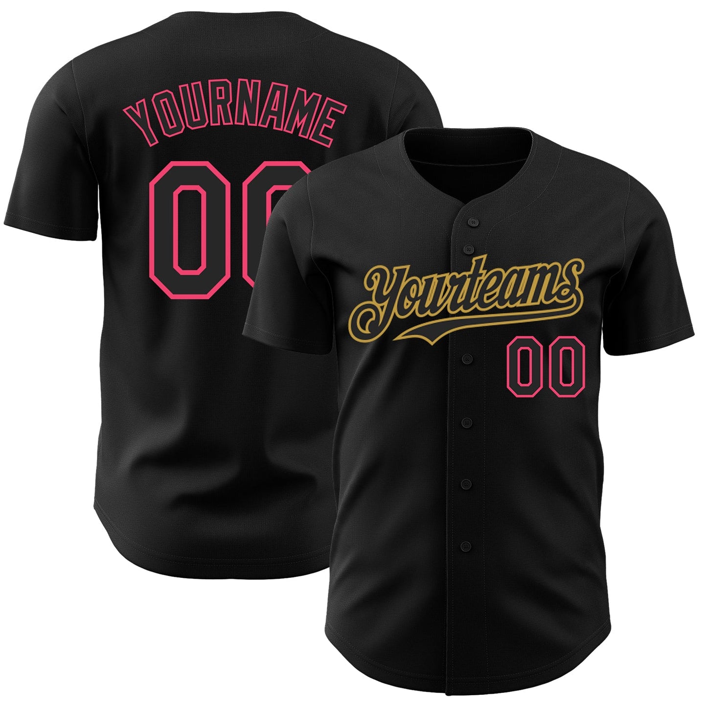 Custom Black Neon Pink-Old Gold Authentic Baseball Jersey - Main View