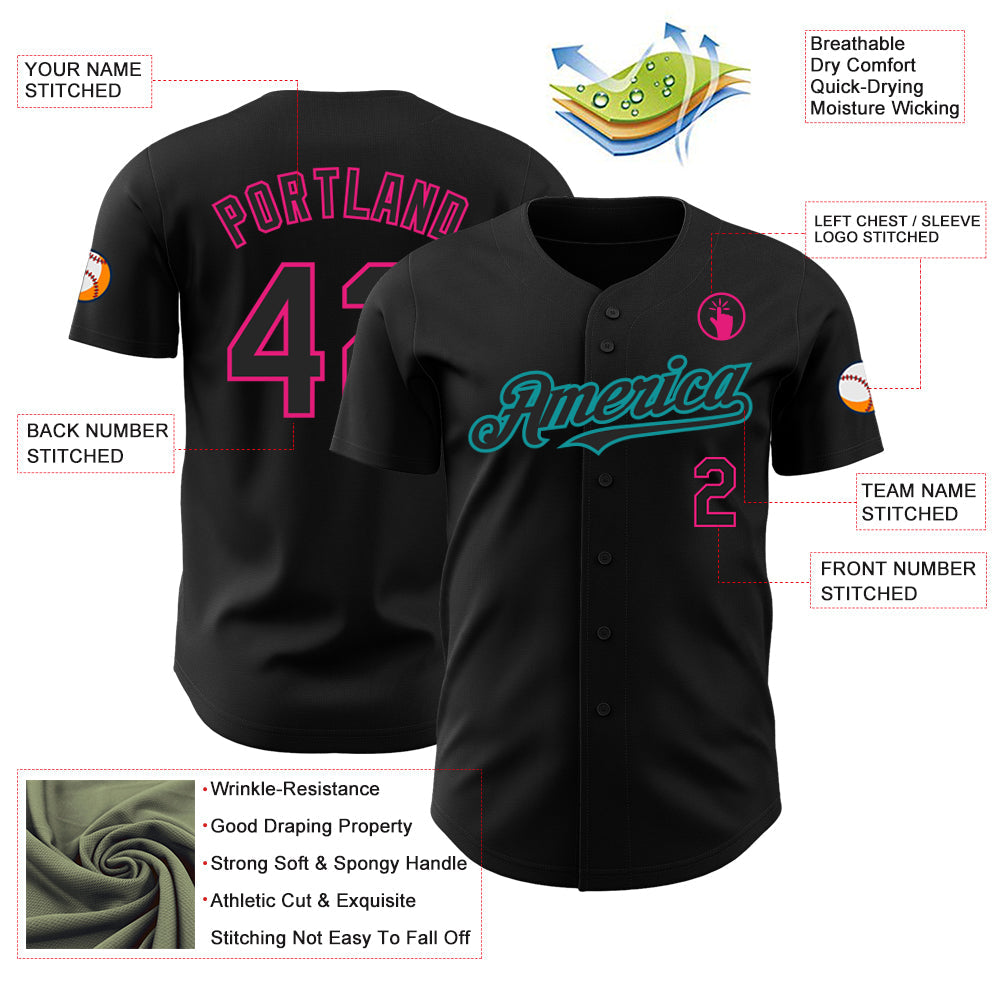 Custom Black Hot Pink-Teal Authentic Baseball Jersey view 3