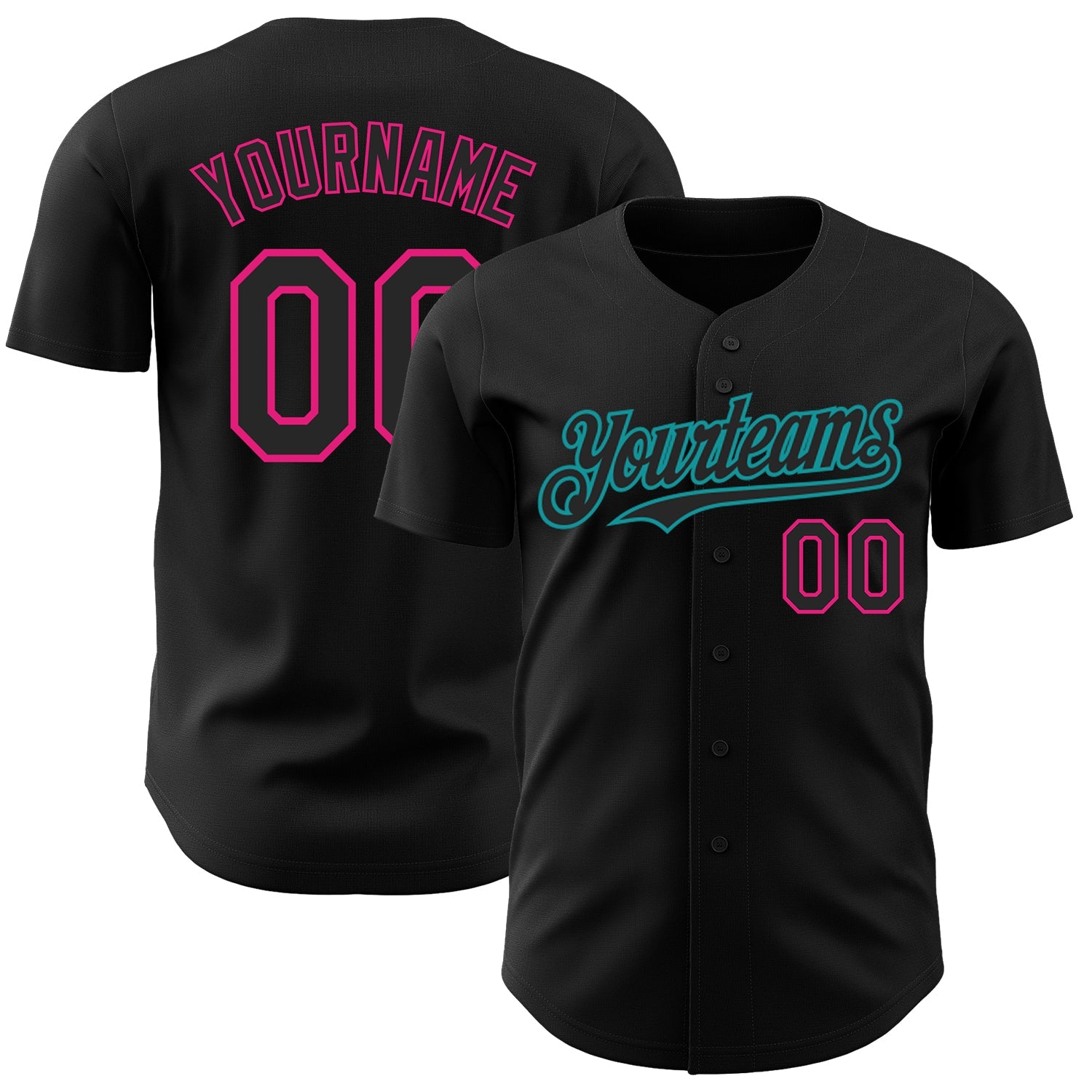 Custom Black Hot Pink-Teal Authentic Baseball Jersey - Main View