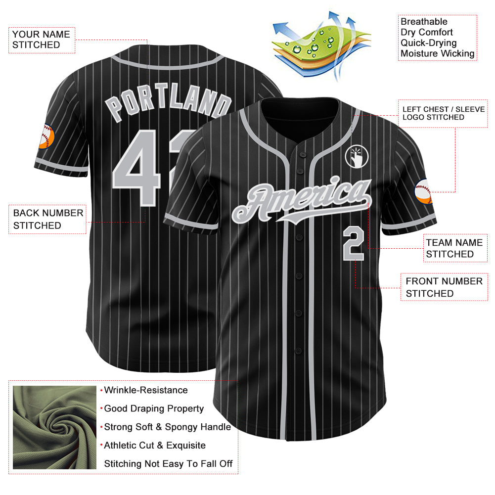 Custom Black Gray Pinstripe White Authentic Baseball Jersey view 3