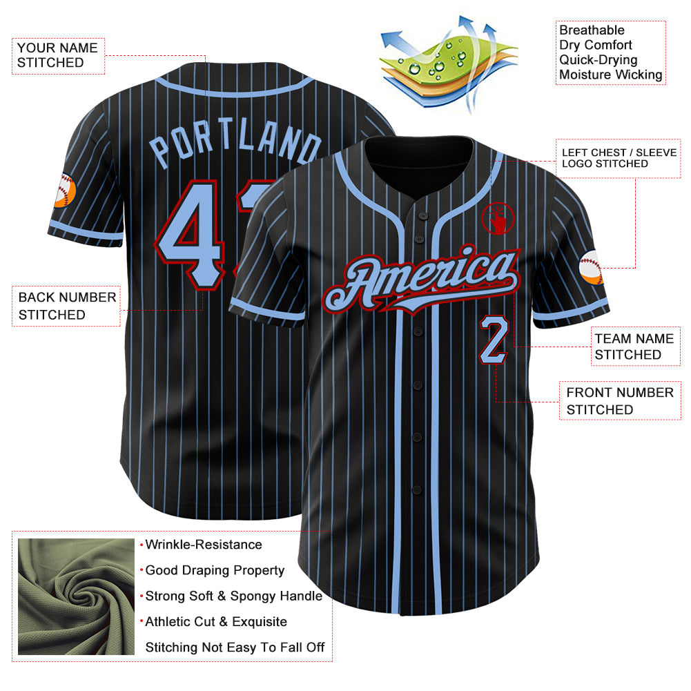 Custom Black Light Blue Pinstripe Red Authentic Baseball Jersey view 3