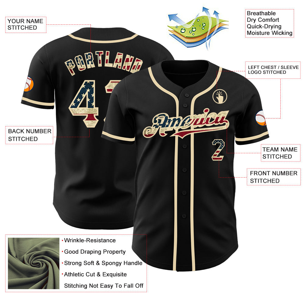 Custom Black Vintage USA Flag-Cream Authentic Baseball Jersey view 3