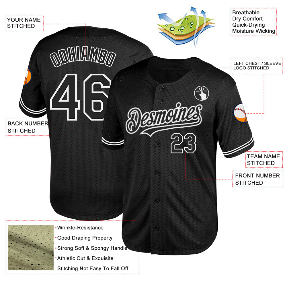 Custom Black White Mesh Authentic Throwback Baseball Jersey view 3