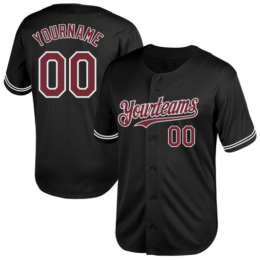 Custom Black Burgundy-White Mesh Authentic Throwback Baseball Jersey - Main View