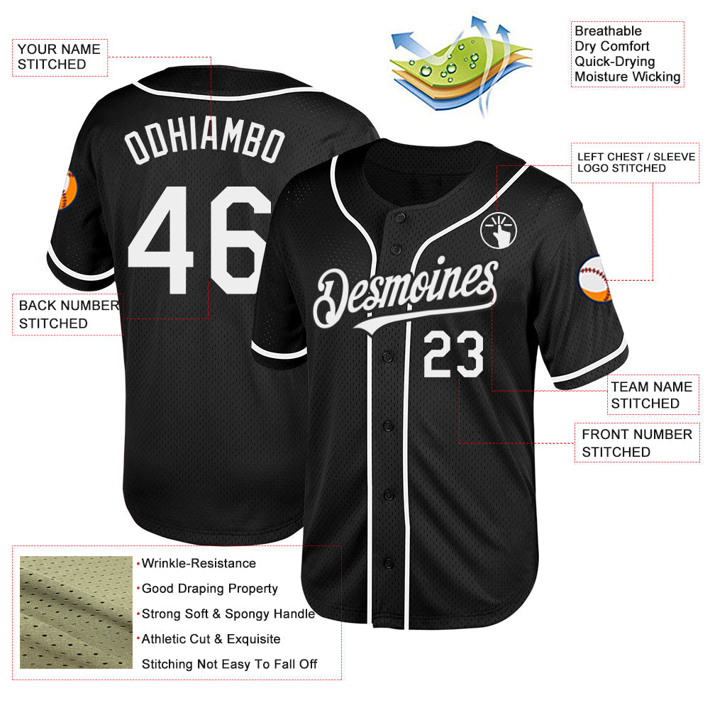 Custom Black White Mesh Authentic Throwback Baseball Jersey view 3