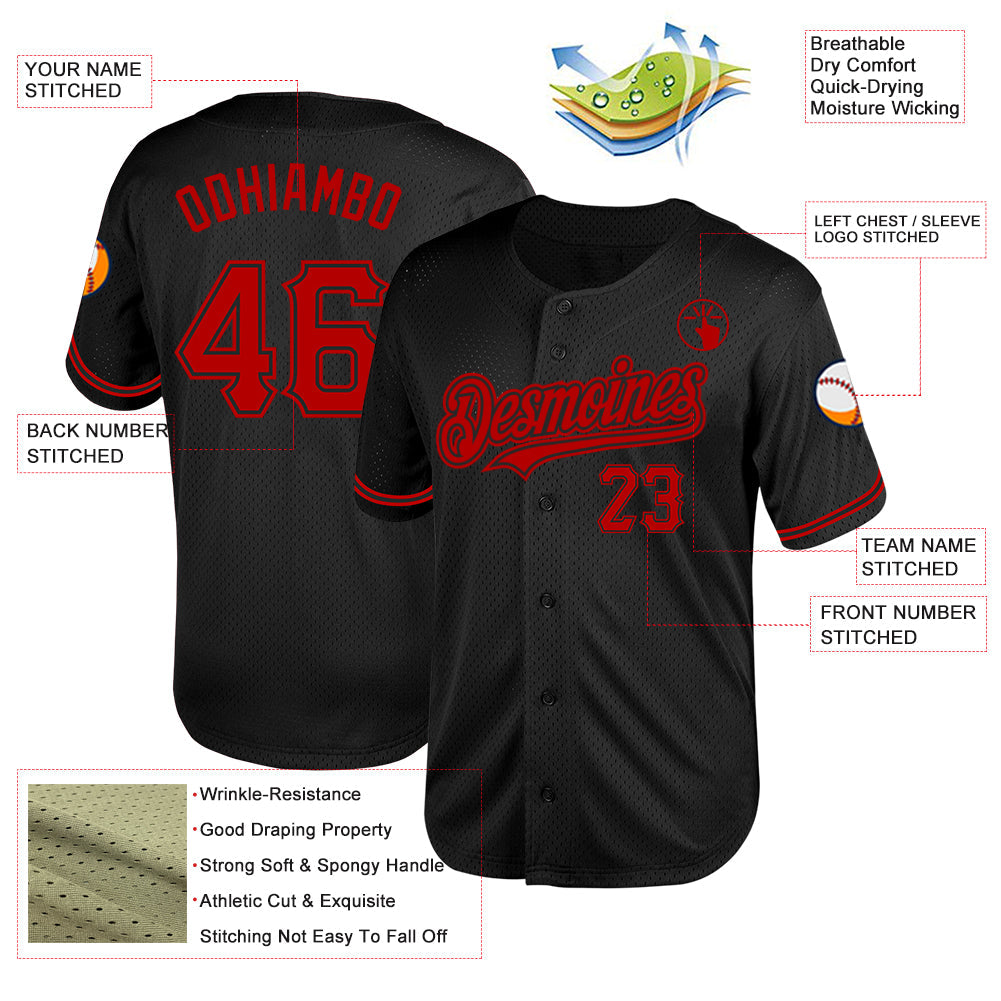 Custom Black Red Mesh Authentic Throwback Baseball Jersey view 3