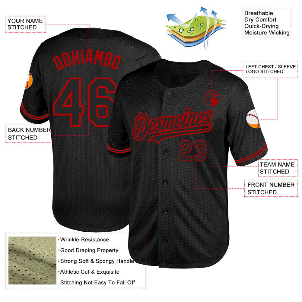 Custom Black Red Mesh Authentic Throwback Baseball Jersey view 3