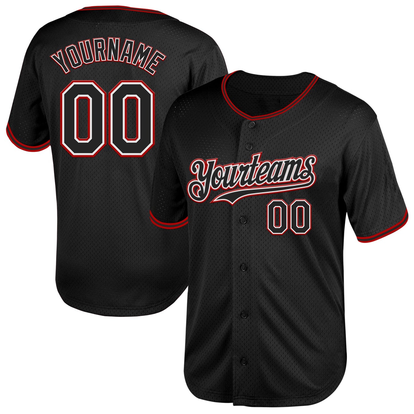 Custom Black White-Red Mesh Authentic Throwback Baseball Jersey - Main View
