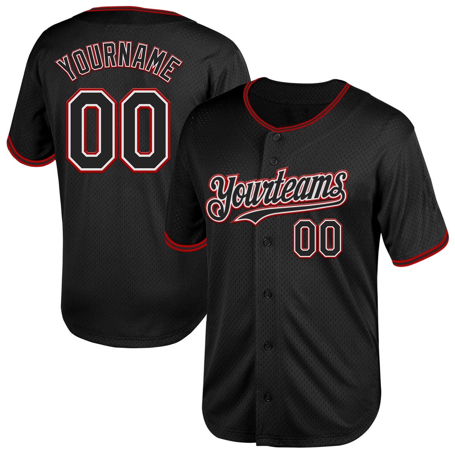 Custom Black White-Red Mesh Authentic Throwback Baseball Jersey - Main View